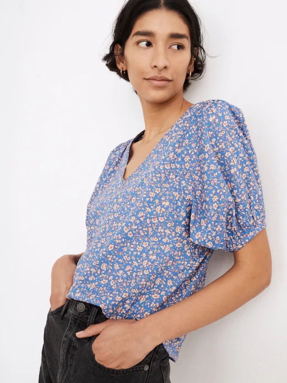 Madewell Blue Floral Puff Sleeve Blouse Cottagecore Feminine Casual Top Size XS